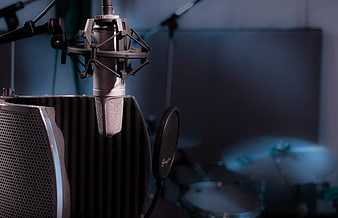 Professional Studio Microphone Setup With Pop Filter And Drum Kit