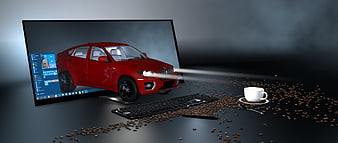 Red SUV 3D Model on Computer Monitor with Coffee Beans