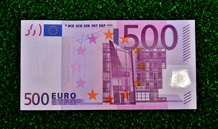 500 Euro Banknote on Green Artificial Grass Background