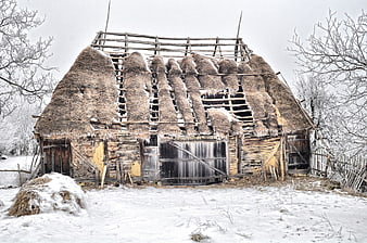 Dilapidated Thatched Roof Barn in Snowy Winter Landscape