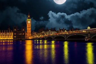 Big Ben and Westminster Bridge at Night with Full Moon