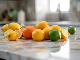 Fresh Citrus Fruits on Marble Kitchen Countertop