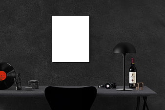 Minimalist Dark Interior Poster Mockup with Desk and Decor