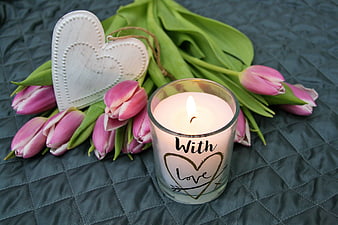 Pink Tulips and Heart Candle on Quilted Background