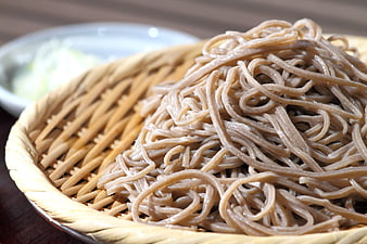Soba noodles in a traditional woven bamboo basket