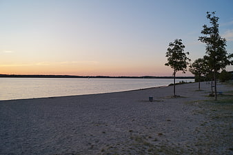 Serene Sunset Lake Beach with Trees and Calm Water