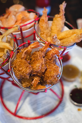 Assorted fried seafood platter with dipping sauces