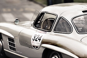 Close-up of Silver Vintage Mercedes-Benz 300 SL Racing Car