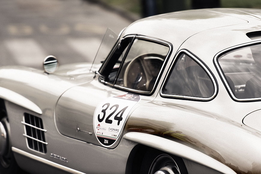 Close-up of Silver Vintage Mercedes-Benz 300 SL Racing Car