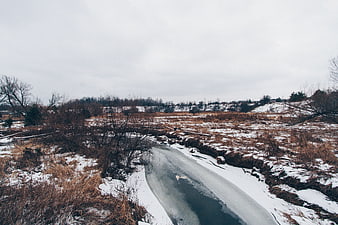 Frozen Stream in Snowy Winter Landscape with Dry Grass