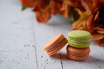 Colorful macarons on white wood with autumn leaves
