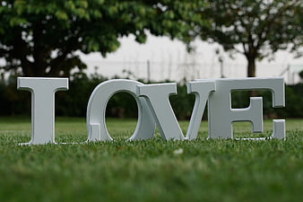 White LOVE letters on green grass in park