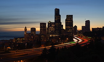 Seattle Skyline at Dusk with Highway Light Trails