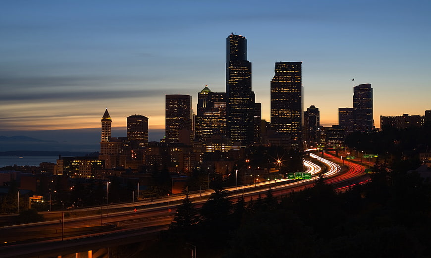 Seattle Skyline at Dusk with Highway Light Trails