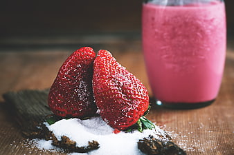 Fresh Strawberries with Sugar and Pink Smoothie