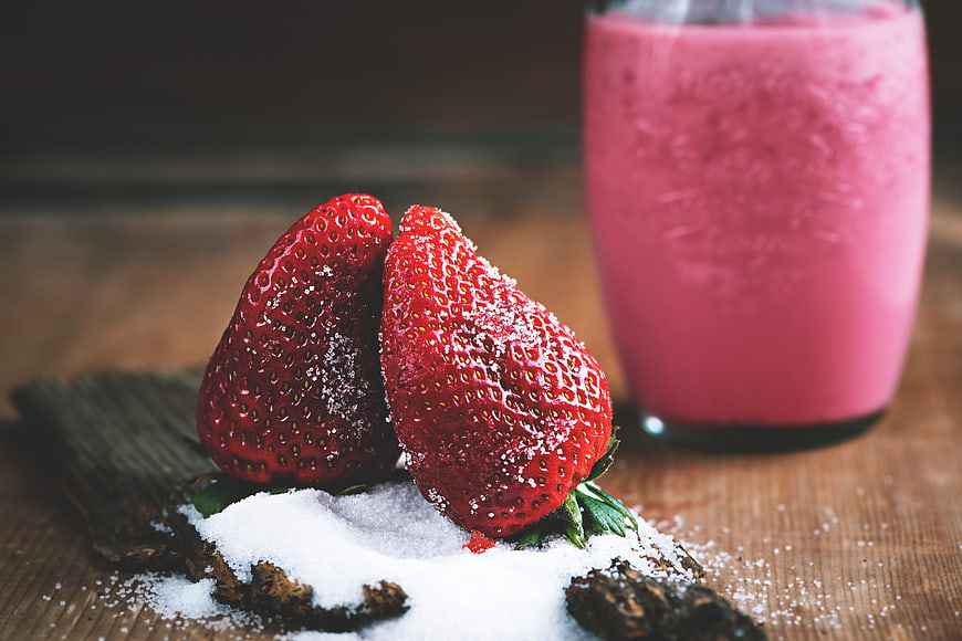 Fresh Strawberries with Sugar and Pink Smoothie
