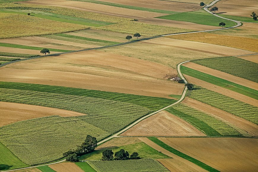 Aerial View of Patchwork Agricultural Fields and Winding Country Road