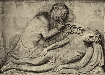 Ancient Stone Relief Sculpture of Mourning Woman and Deceased Man