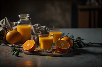 Fresh Orange Juice Still Life with Whole and Sliced Oranges