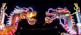 Illuminated Chinese Dragon Lanterns at Night Festival
