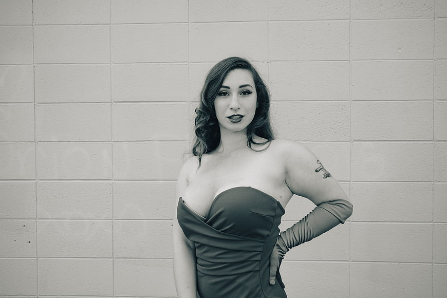 Vintage style portrait of woman in strapless dress