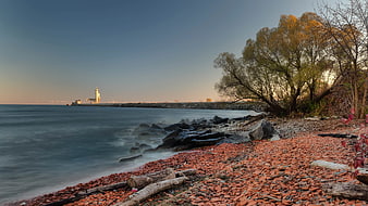 Red Pebble Beach with Lighthouse and Autumn Trees