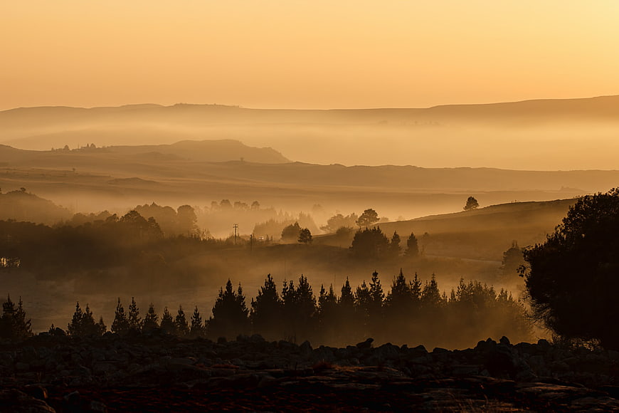Golden Misty Mountain Landscape at Sunrise