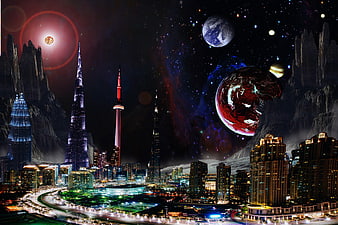 Futuristic sci-fi cityscape with planets and space background