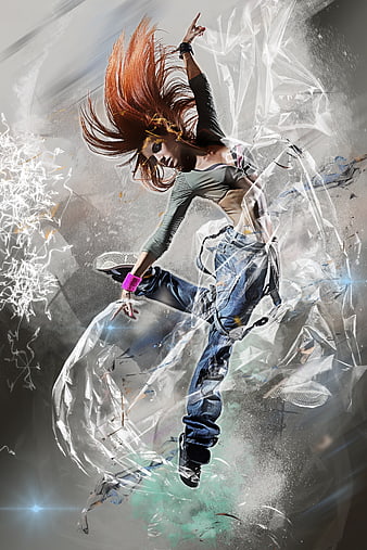 Dynamic digital art of a woman jumping through a shattered glass effect