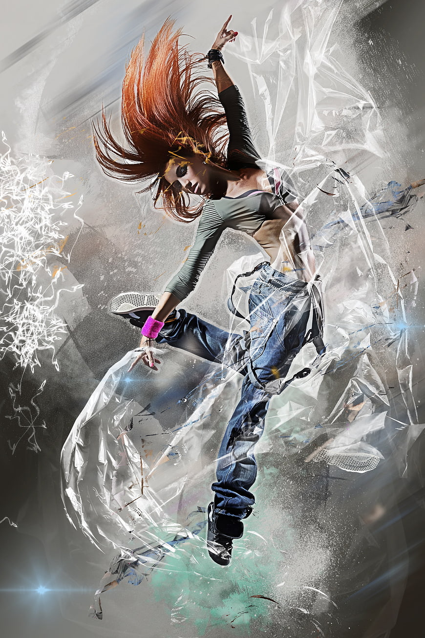 Dynamic digital art of a woman jumping through a shattered glass effect