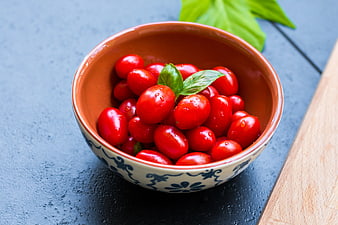 Fresh Cherry Tomatoes in Ceramic Bowl with Basil
