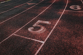 Close-up of red running track lanes with white numbers