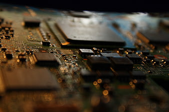 Close-up of electronic circuit board with processor and chips