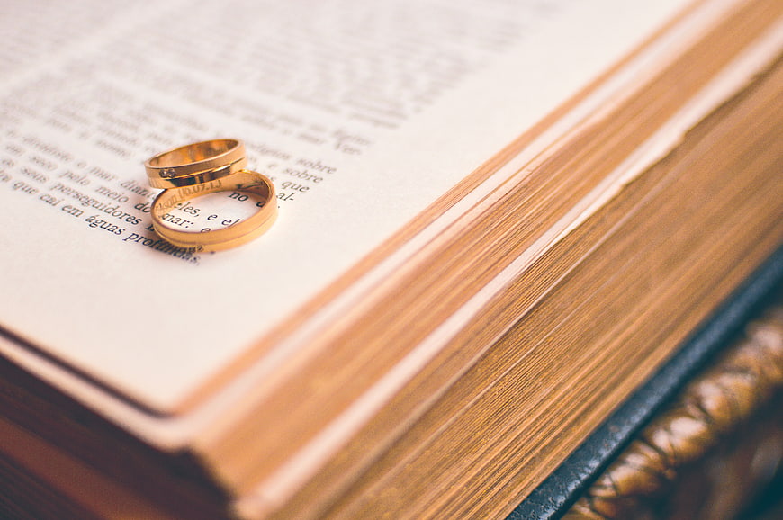 Gold Wedding Rings on Open Bible Page