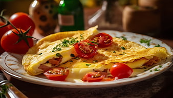 Golden Omelette with Tomatoes and Herbs on Plate
