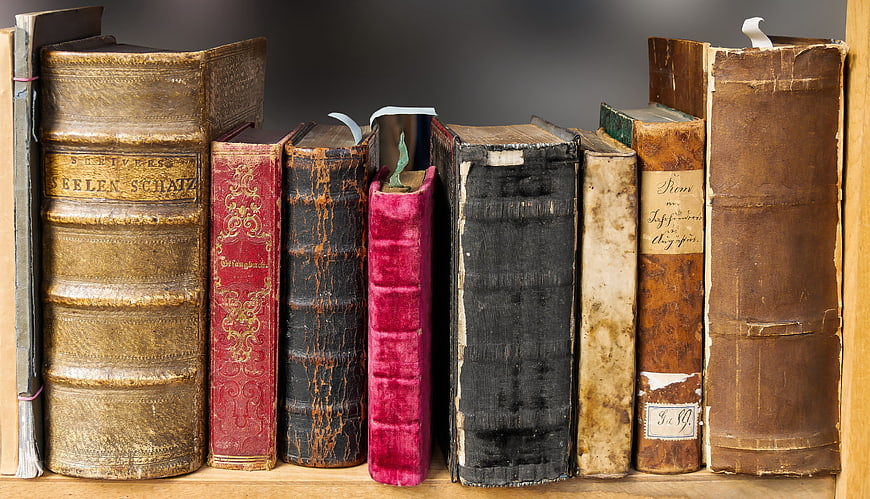 Vintage leather-bound books on a wooden shelf