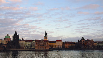Prague skyline at dusk with Charles Bridge and Vltava River