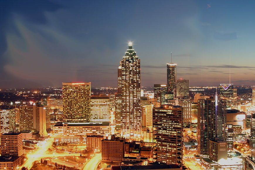 Atlanta Georgia Downtown Skyline At Night With Illuminated Skyscrapers