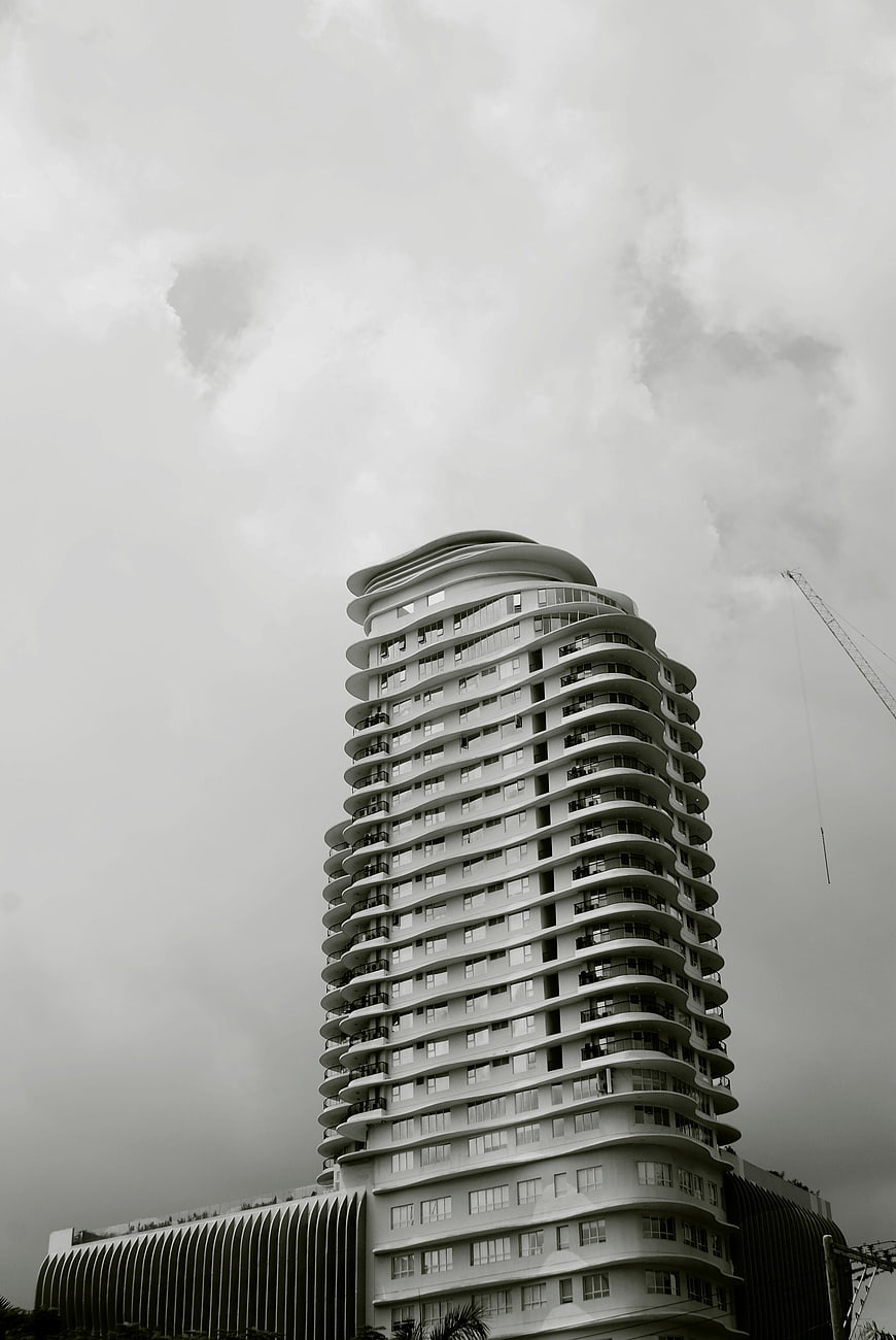 Modern Curved Skyscraper Architecture in Black and White