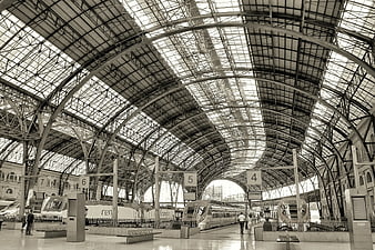 Black and white view of a grand train station with arched roof