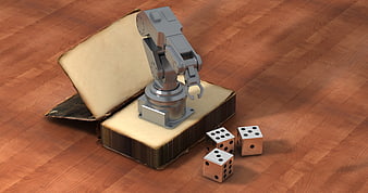 3D robotic arm emerging from an open book with dice on wood
