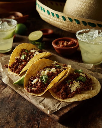 Three Beef Tacos with Margaritas and Salsa on Rustic Wood
