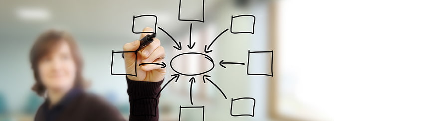 Woman drawing flowchart diagram on glass board