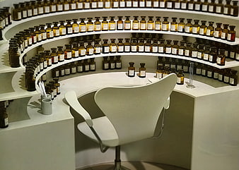 Perfumer's Workstation With Curved Amber Bottle Display