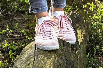 Pink sneakers on a tree stump in a forest