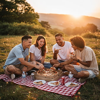 Diverse Friends Enjoying Pizza Picnic at Sunset