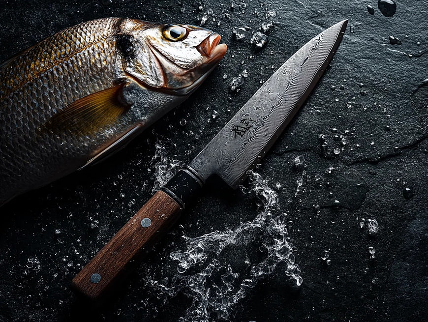 Fresh Whole Fish and Damascus Chef Knife on Dark Slate