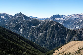 Majestic Snow-Capped Mountain Range with Pine Forests