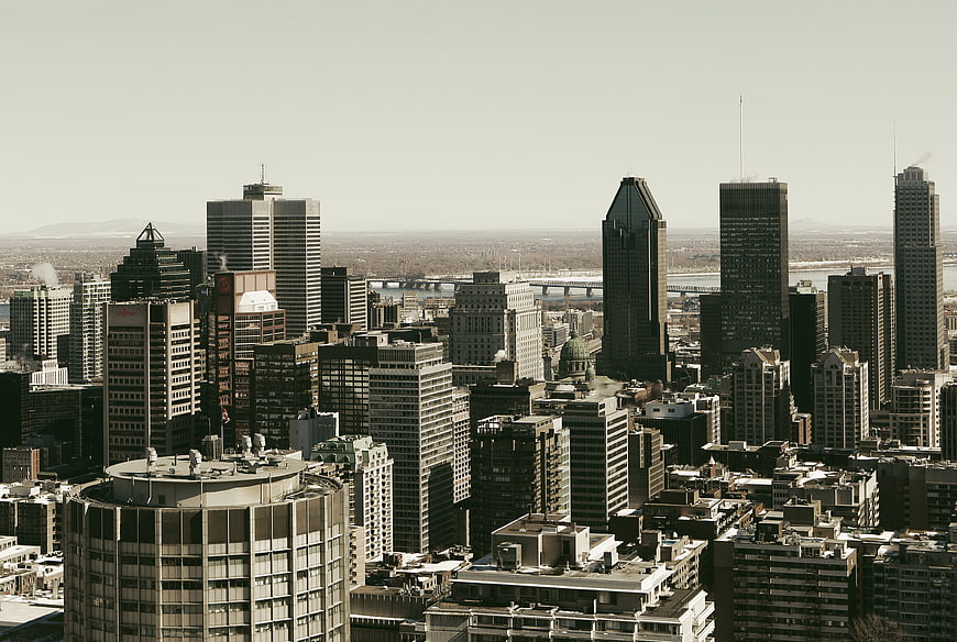 Montreal Downtown Skyline with Skyscrapers and River View