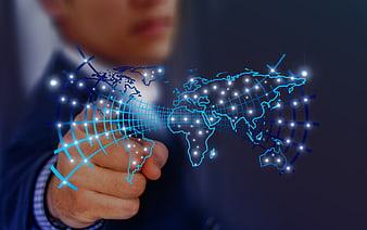 Businessman touching holographic world map network